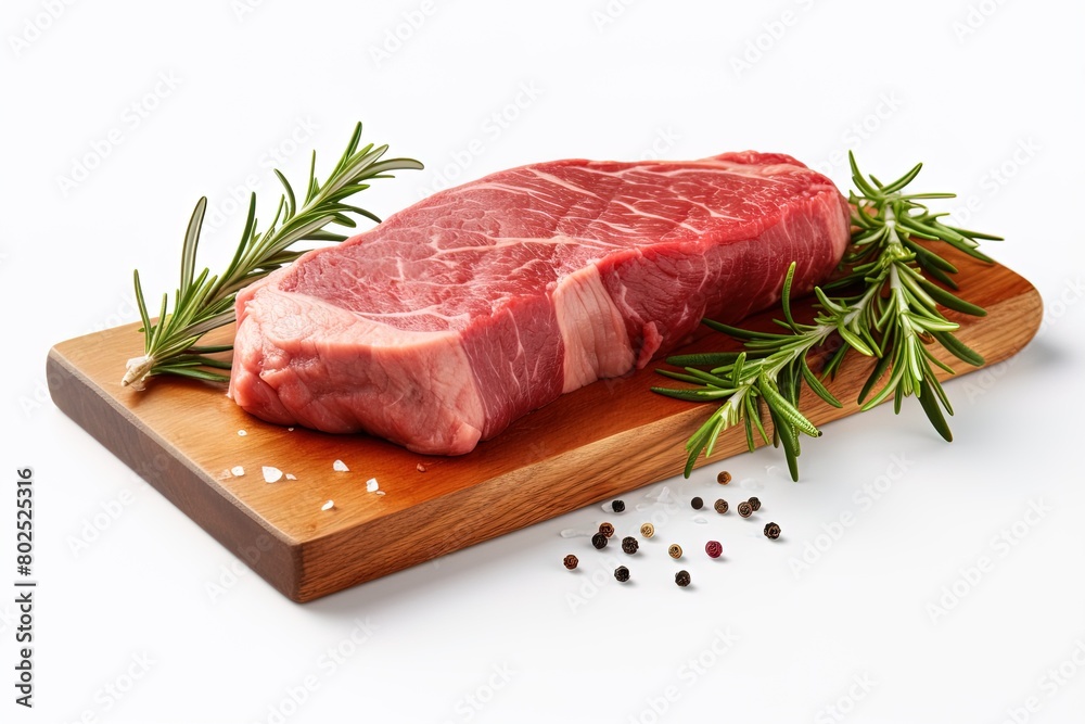 A piece of raw meat is on a wooden cutting board with some herbs and spices