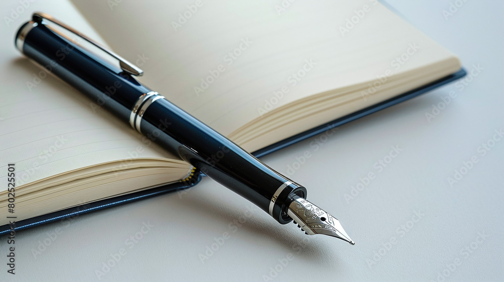 Elegant Black Fountain Pen on Open Notebook with Blank Pages Elegant Black Fountain Pen on Open Notebook with Blank Pages