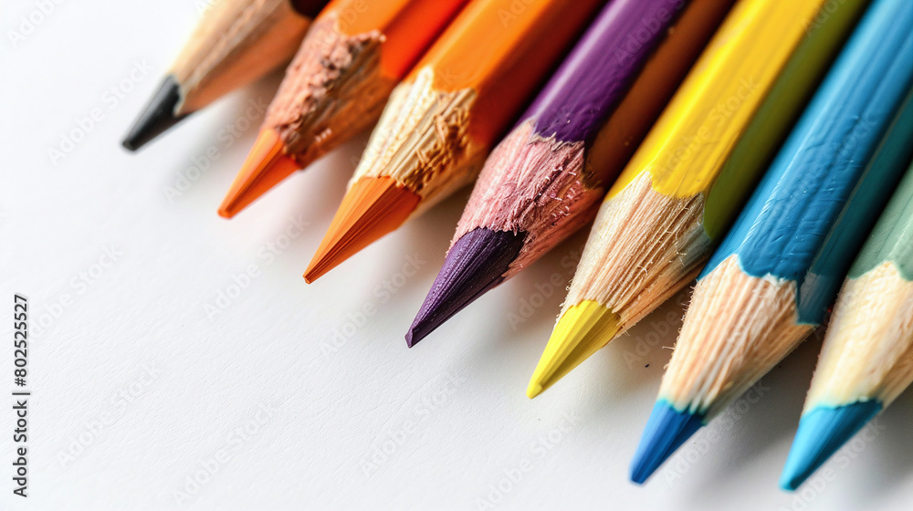 Brightly Colored Sharpened Pencils Arranged Diagonally on White Background Brightly Colored Sharpened Pencils Arranged Diagonally on White Background
