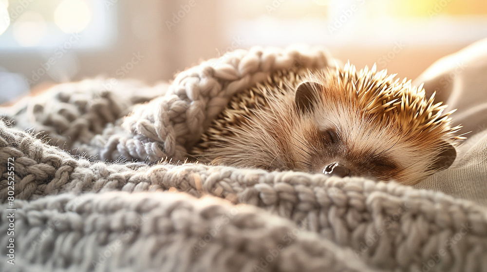 Sleepy Hedgehog Snuggled in Cozy Grey Knit Blanket with Warm Light Sleepy Hedgehog Snuggled in Cozy Grey Knit Blanket with Warm Light