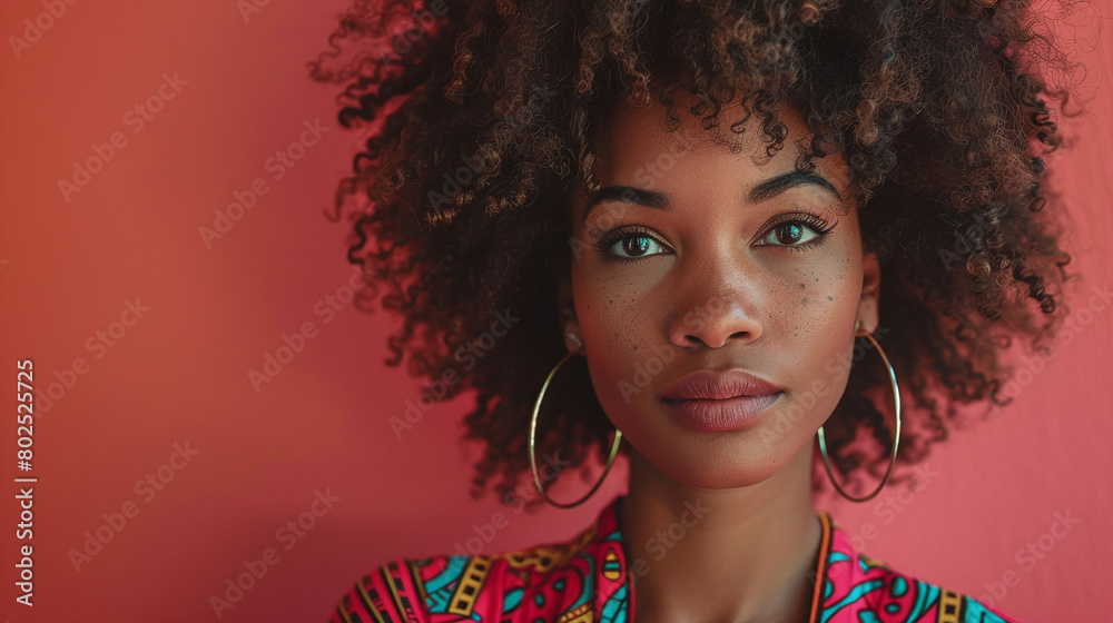 Confident Young Black Woman with Curly Hair on Vibrant Red Background Confident Young Black Woman with Curly Hair on Vibrant Red Background