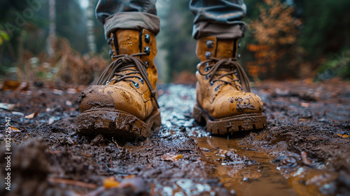Muddy Hiking Boots Walking Wet Forest Trail on Rainy Day
