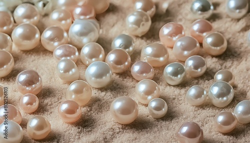 pearl necklace on a white background, photo of a collection of pearls on white sand