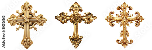 Set of three vintage golden cross isolated on transparent PNG backgrounds.