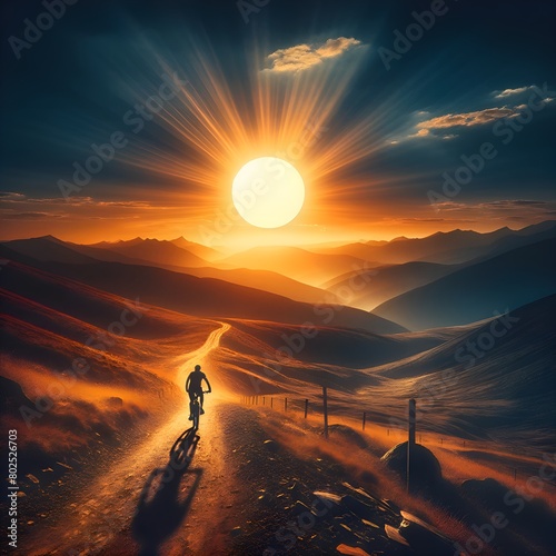 a cyclist traversing a rugged mountain path under a spectacularly large sun photo