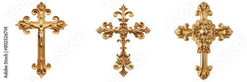 Set of three vintage golden cross isolated on transparent PNG backgrounds.