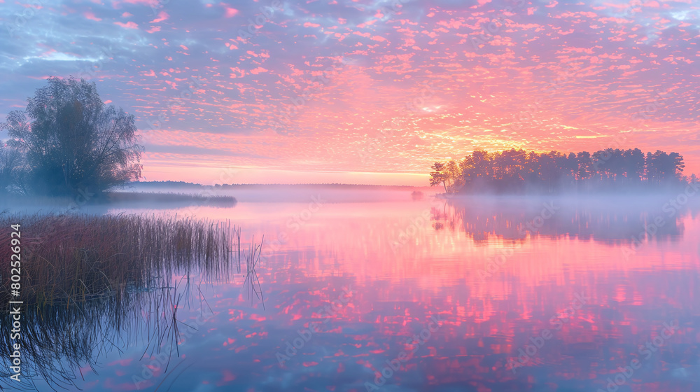 Misty Sunrise Over Tranquil Lake with Pink Clouds and Reflections