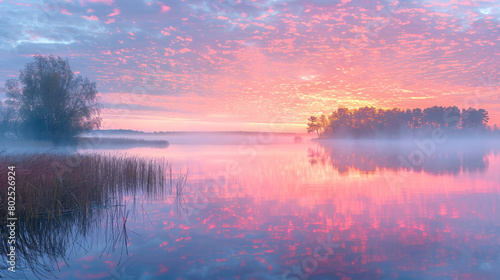 Misty Sunrise Over Tranquil Lake with Pink Clouds and Reflections