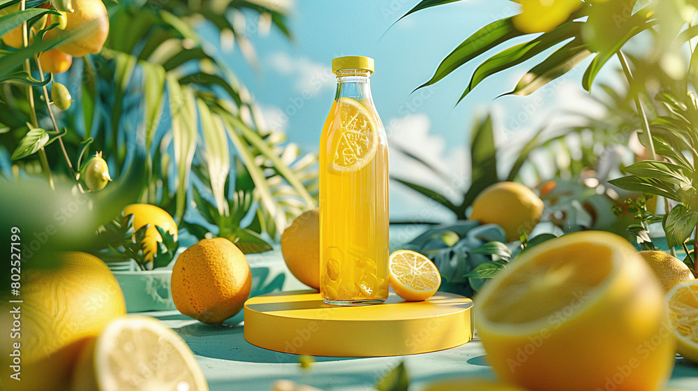 Bright Sunny Day Fresh Orange Juice in Clear Bottle Surrounded by Citrus Fruits Bright Sunny Day Fresh Orange Juice in Clear Bottle Surrounded by Citrus Fruits