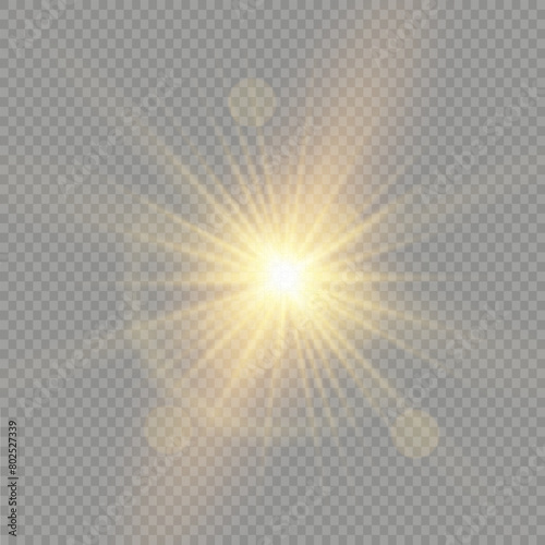 Bright Star. Transparent shining sun, bright flash. Sparks glitter special light effect. Sparkling magic dust particles. Vector illustration.