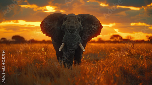 African Elephant Approaching at Sunset in Vibrant Orange Savannah Grasslands