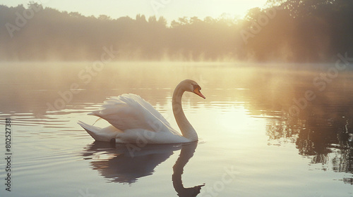 Serene Sunrise Swan on Misty Lake Golden Hour Reflection