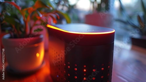 Smart technology at home, close-up on a voice assistant device, seamless interaction in modern life photo