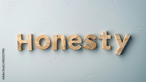 Wooden Honesty Text on Soft Blue Background Ideal for Inspirational Themes