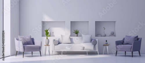 Minimalist interior design of a modern living room with light blue armchairs © zaen_studio