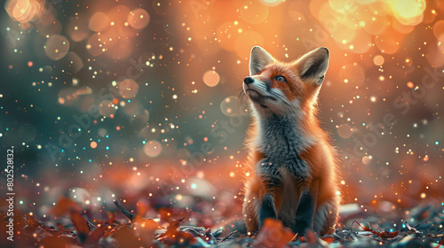 Curious Red Fox in Autumn Wonderland with Sparkling Magical Lights © Kiss