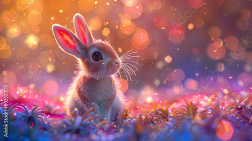 Cute Baby Rabbit in Magical Pink and Blue Light Bokeh Wonderland