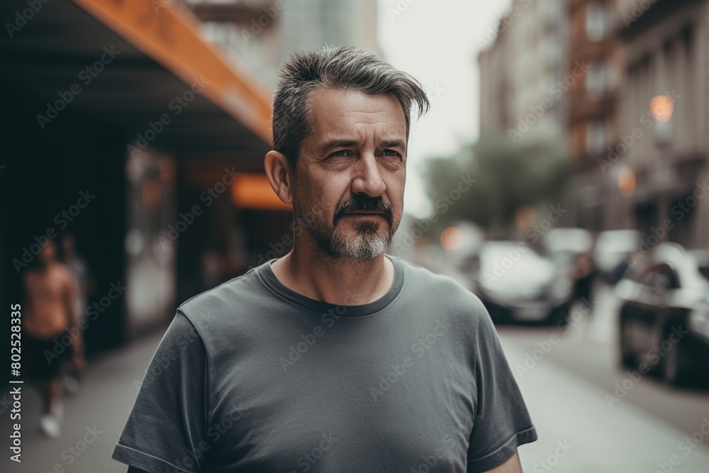 A man with a beard and gray hair is standing on a city street