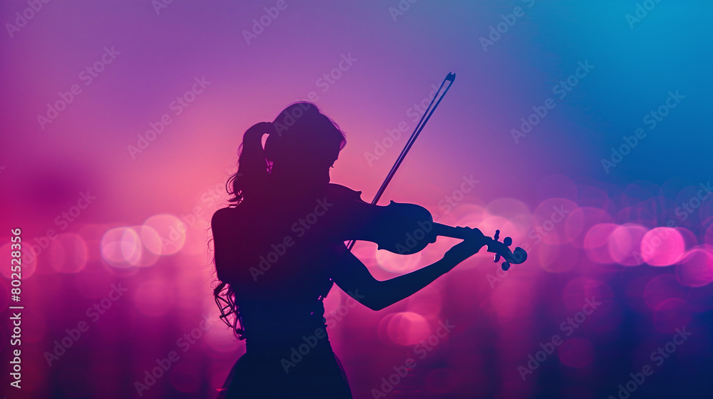 Fototapeta premium Silhouette of Female Violinist Playing at Sunset with Vibrant Purple and Pink Sky