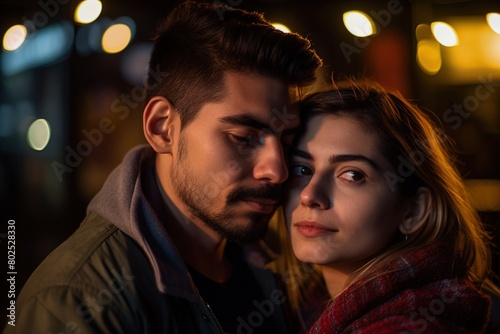 A man and a woman are hugging each other in the dark