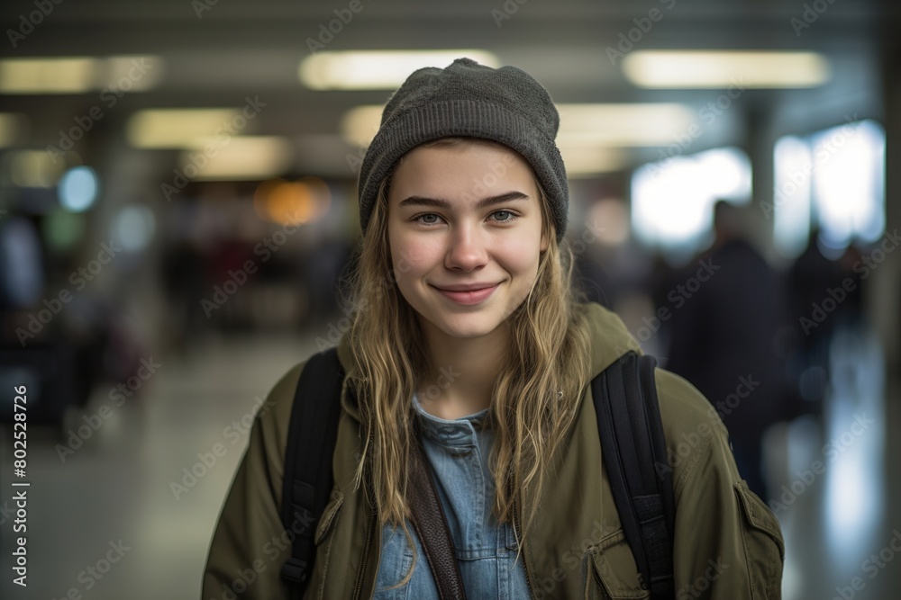 A young woman wearing a green jacket and a gray hat is smiling A young woman wearing a green jacket and a gray hat is smiling