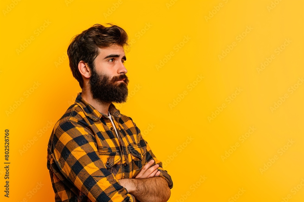 A man with a beard and plaid shirt is standing in front of a yellow wall A man with a beard and plaid shirt is standing in front of a yellow wall