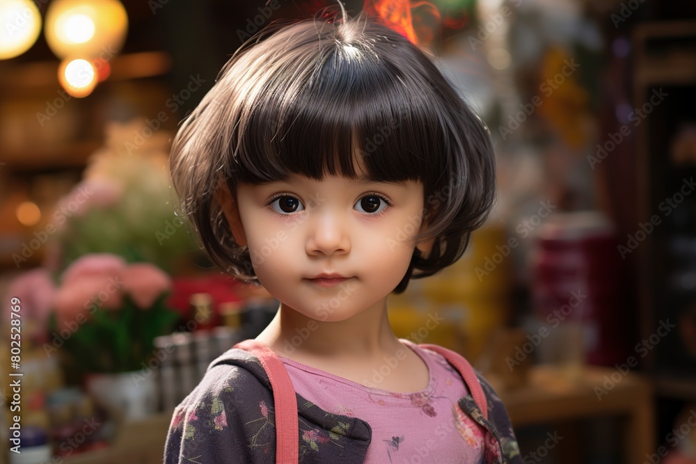 A young girl with short hair and a pink shirt is standing in front of a store A young girl with short hair and a pink shirt is standing in front of a store
