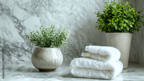 Elegant Spa Day Essentials Fresh Green Plants and White Towels on Marble
