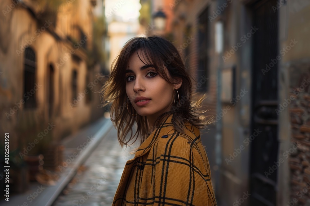 A woman in a yellow plaid coat stands in front of a building