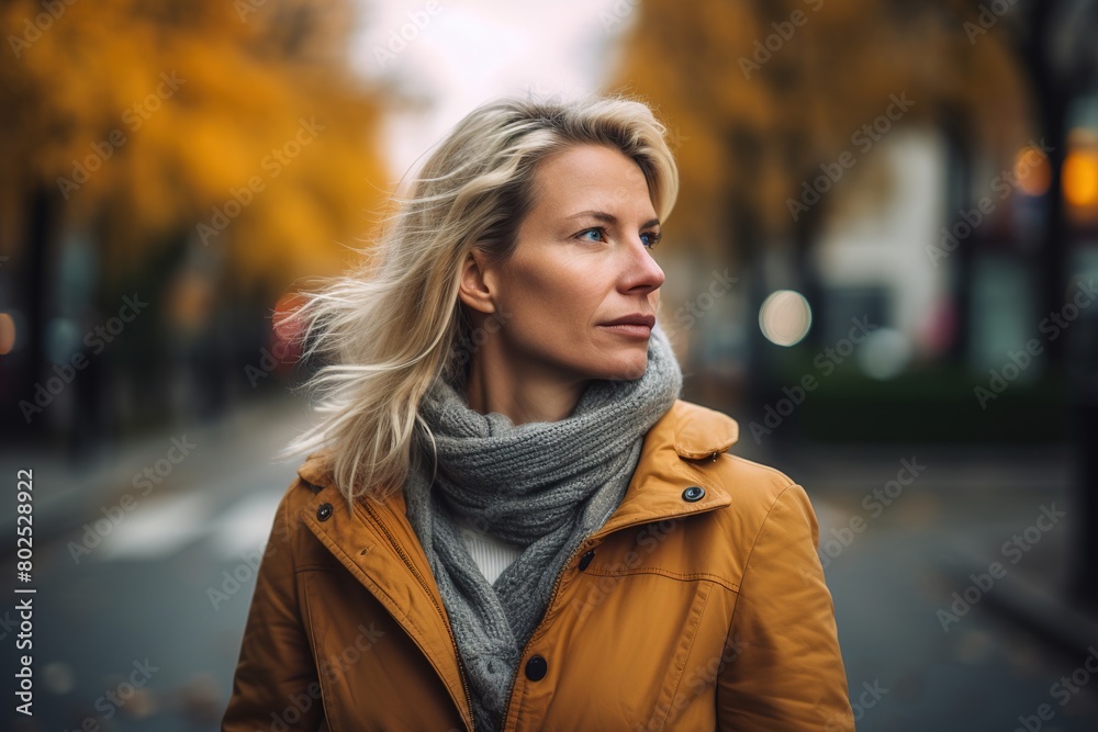 A woman wearing a yellow jacket and scarf is standing on a street A woman wearing a yellow jacket and scarf is standing on a street