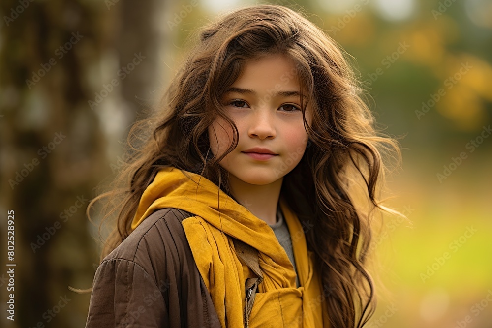 A young girl with long brown hair and a yellow scarf is standing in a field A young girl with long brown hair and a yellow scarf is standing in a field
