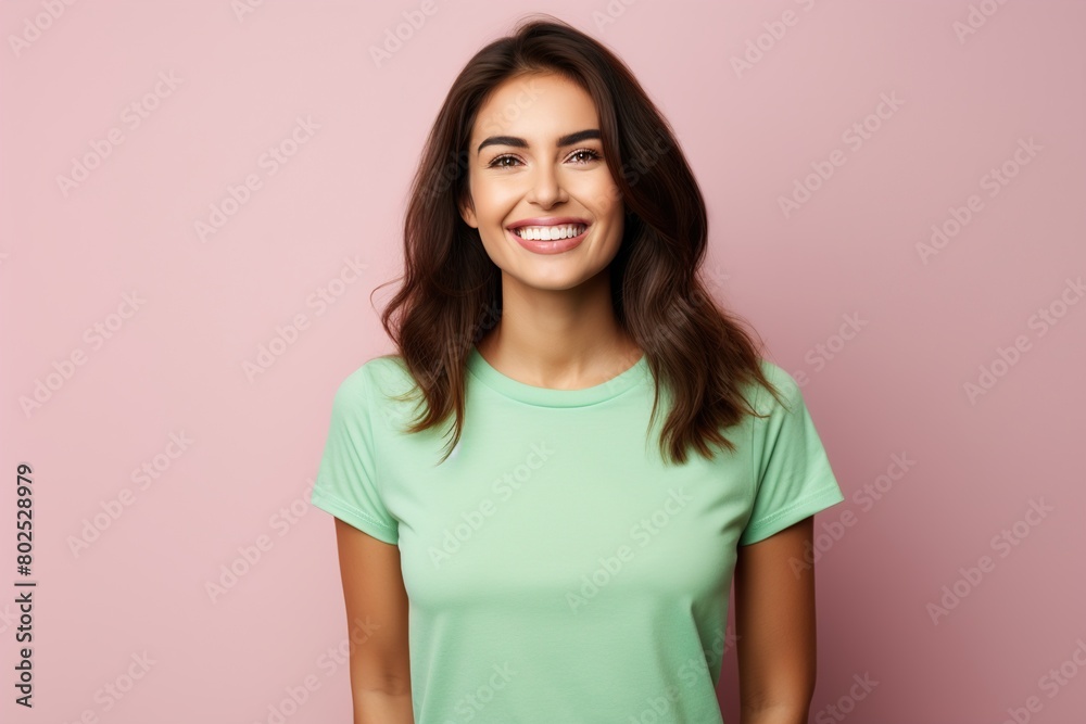 Fototapeta premium A woman with a green shirt is smiling and looking at the camera