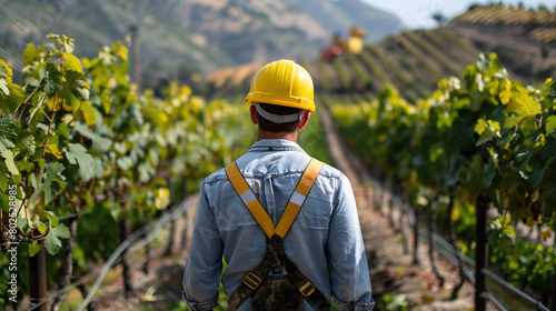 Male Worker in Yellow Helmet Inspecting Vineyard Rows Under Sunny Sky