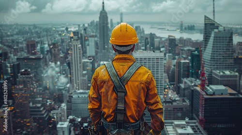 Construction Worker in Yellow Jacket Overlooking City Skyline from High Altitude