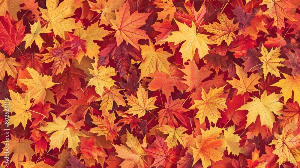 A scarf with a repeating pattern of small detailed maple leaves in shades of red and yellow.. A scarf with a repeating pattern of small detailed maple leaves in shades of red and yellow..