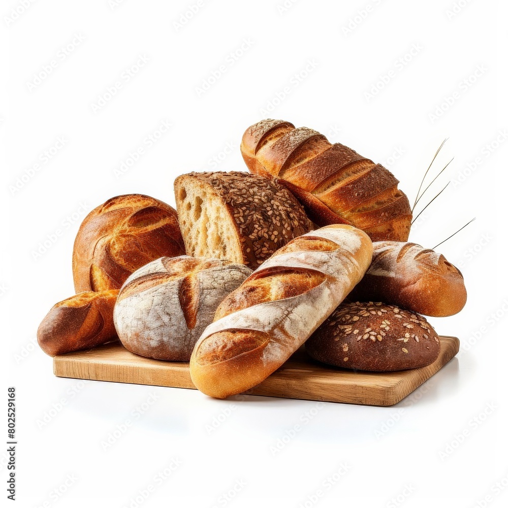 A wooden board with a variety of breads on it