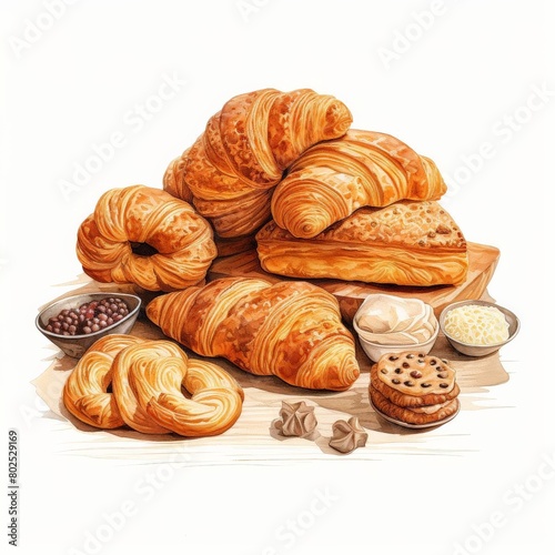 A drawing of a table with a variety of pastries and baked goods