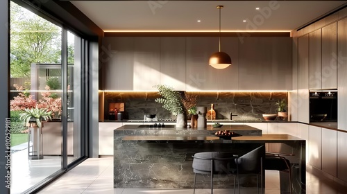 The modern minimalist interior design of the kitchen with an island, dining table, and chairs. © zakir