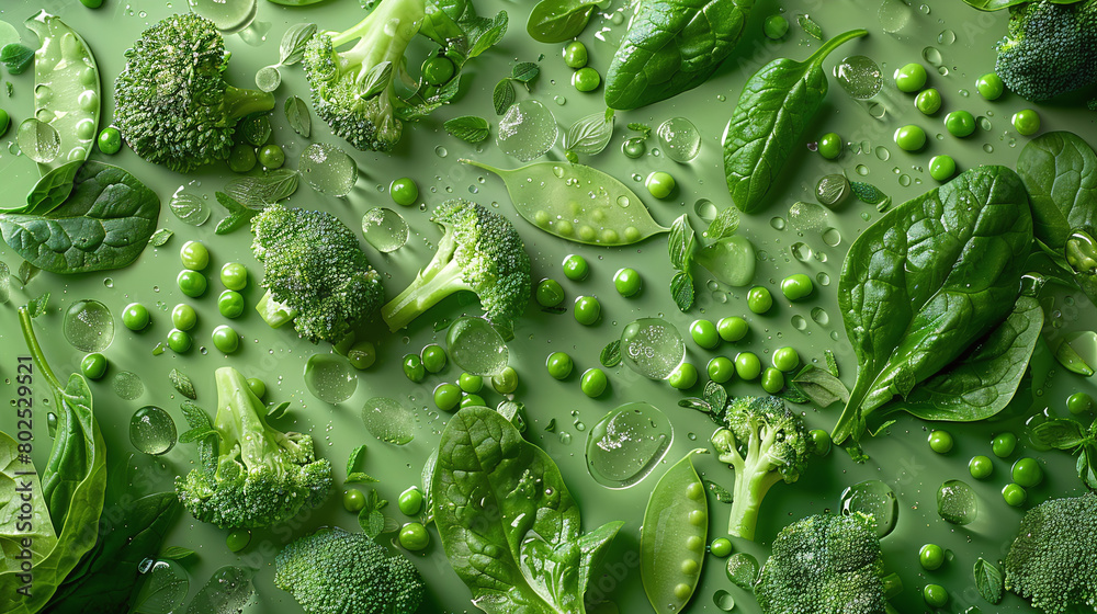 Fresh Green Vegetables and Leaves with Water Droplets Close Up Fresh Green Vegetables and Leaves with Water Droplets Close Up