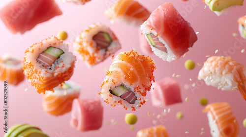 Assorted Sushi Set with Salmon Tuna and Shrimp on Pink Background