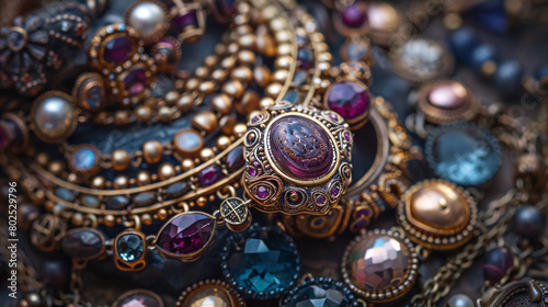 Elegant Antique Jewelry Closeup with Sparkling Gems and Gold Detail
