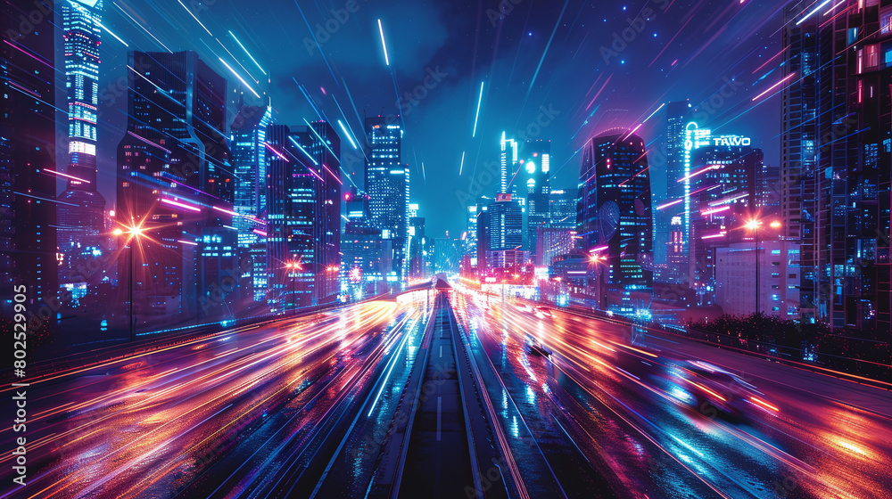 Futuristic Cityscape with Bright Neon Lights and Dynamic Traffic Trails