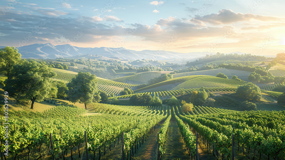 Sunrise over Lush Green Vineyards with Rolling Hills and Vibrant Skies