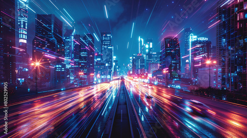 Futuristic Cityscape with Bright Neon Lights and Dynamic Traffic Trails