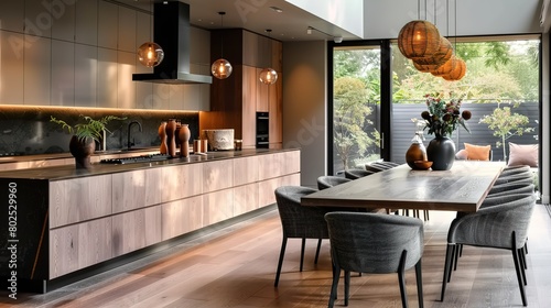 The modern minimalist interior design of the kitchen with an island, dining table, and chairs.