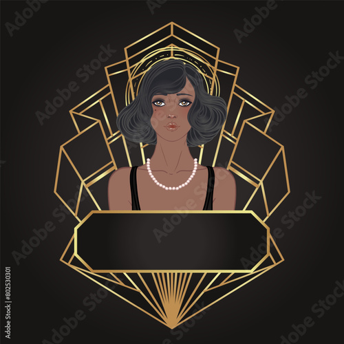 Retro fashion  glamour girl of twenties. African American woman. Vector illustration. Flapper 20s style. Vintage party invitation design template. Fancy black lady.