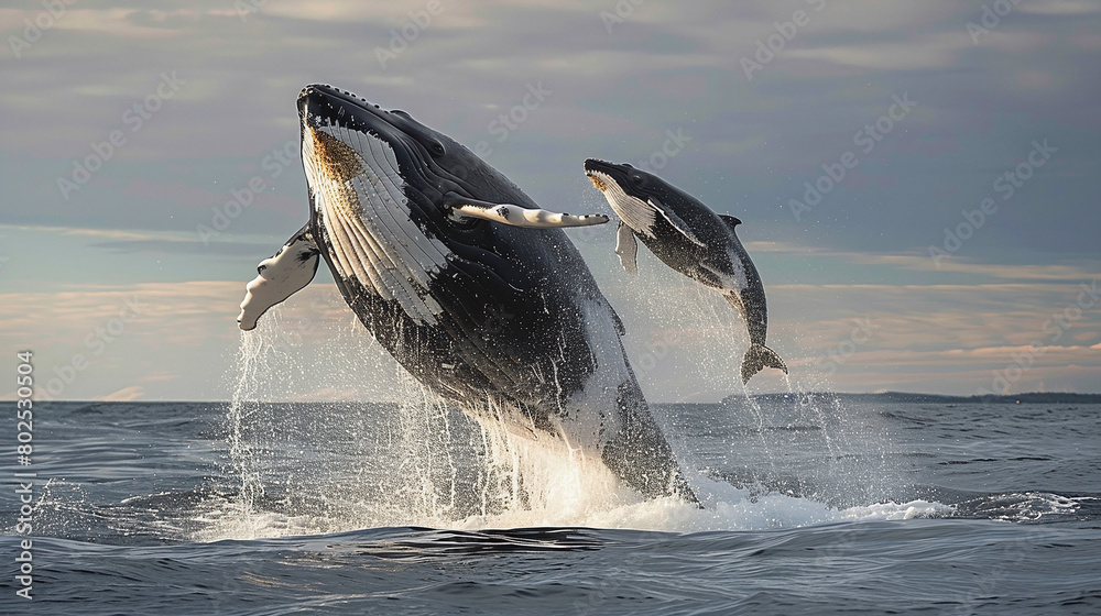 Obraz premium Majestic Humpback Whales Leaping at Sunset Ocean Landscape