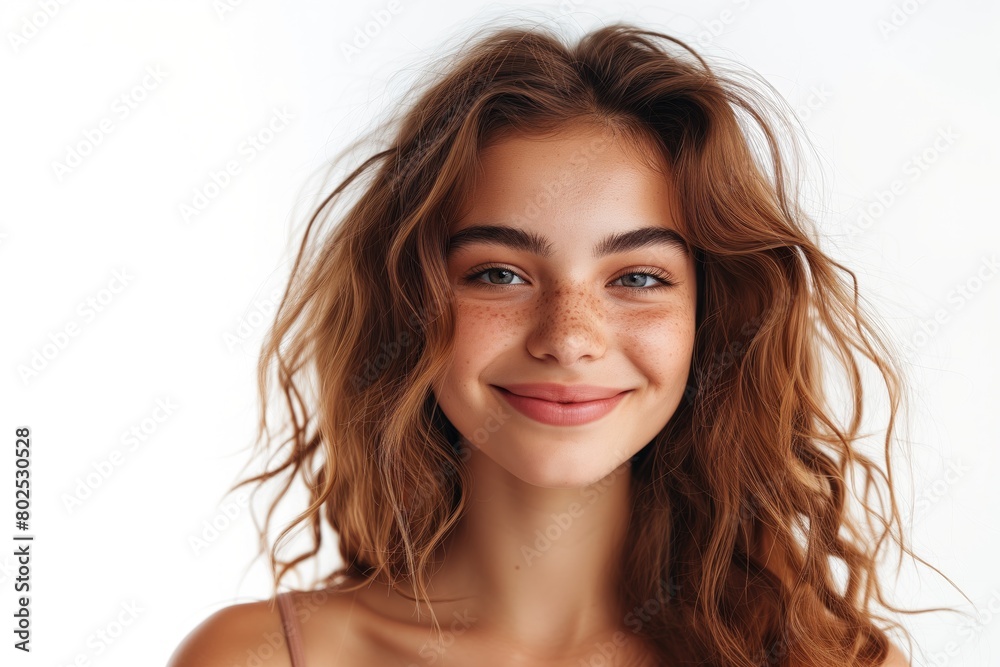Smiling Brunette Hair and Fashion Model Happy Portrait of a Person, White Background Studio Photo of Cheerful People Showing Emotion, Cosmetics and Beauty Concept Backdrop