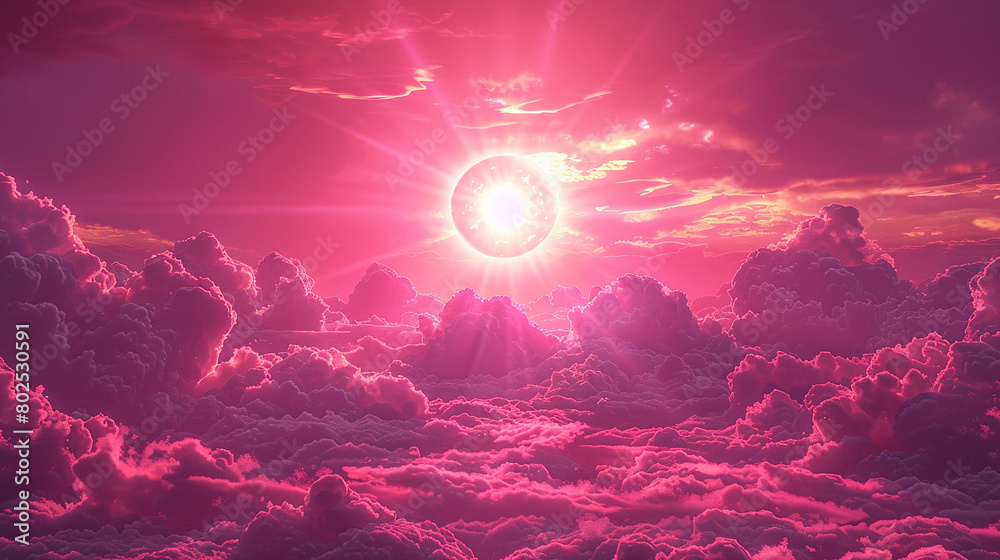 Majestic Pink Sunrise Over Fluffy Clouds with Vivid Sunbeams Radiating Light Majestic Pink Sunrise Over Fluffy Clouds with Vivid Sunbeams Radiating Light