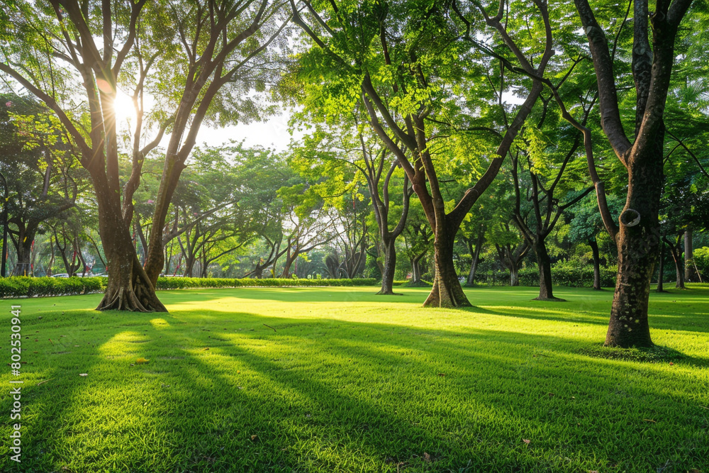 A peaceful park with green lawns and tall trees providing shade. A peaceful park with green lawns and tall trees providing shade.